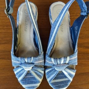 Blue and white striped wedge heels